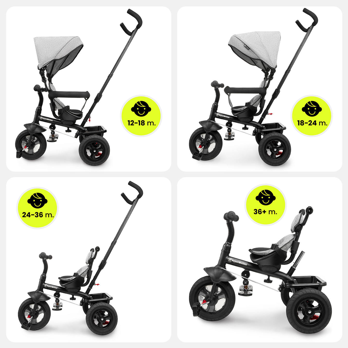 Tricicletă pentru copii 1-4 ani - TOBI FREY - culoare gri - roți pivotante - roți cu pompă + împingător