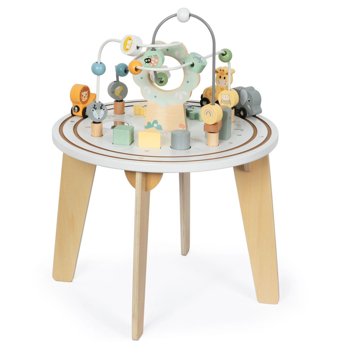 Masă educațională rotundă din lemn cu tren magnetic și lansator de mărgele