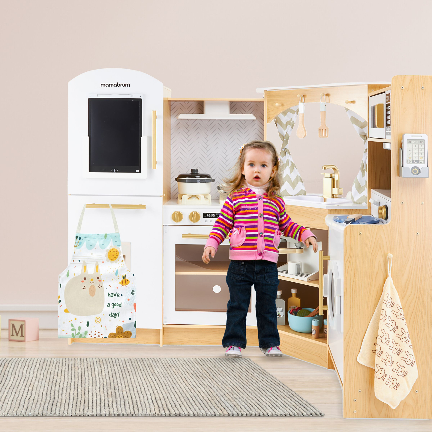 XXXXL bucătărie interactivă mare din lemn cu iluminare LED, mașină de spălat, mașină de cafea cu microunde și set de fructe și legume - 50 de elemente