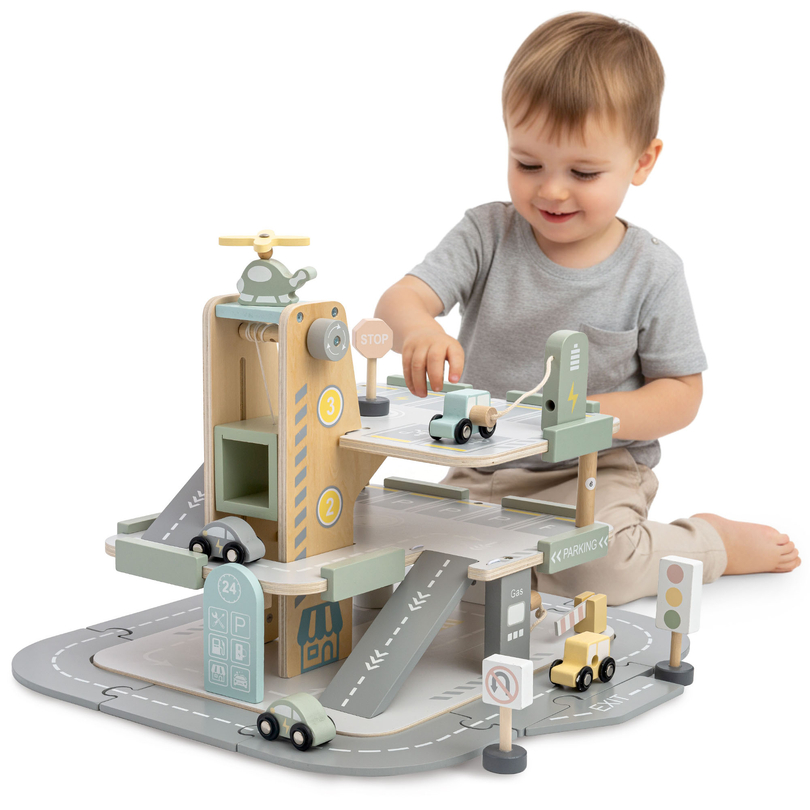 Garaj din lemn, cu trei etaje, pentru copii, cu accesorii - parcare, benzinărie, spălătorie auto, elicopter