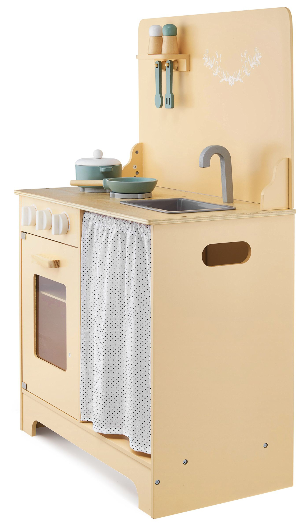 Bucătărie din lemn cu șorț, accesorii și iluminat cu LED-uri