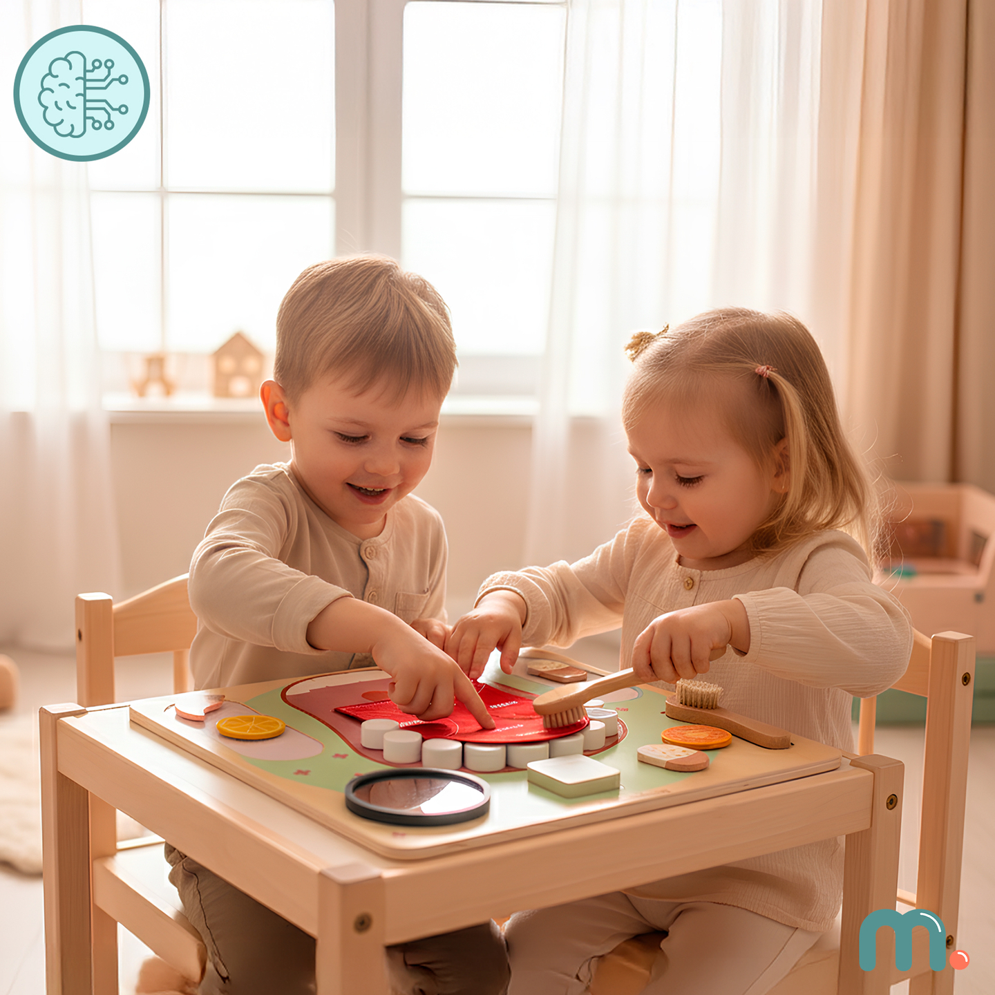 Tablă educațională Montessori din lemn pentru micul dentist - periuță de dinți, pastă de dinți, dinți detașabili, oglindă, mâncare, arome didactice