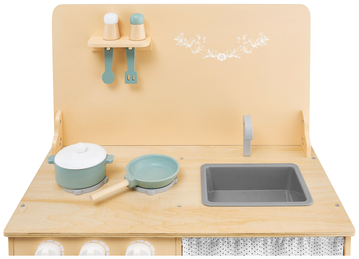 Bucătărie din lemn cu șorț, accesorii și iluminat cu LED-uri