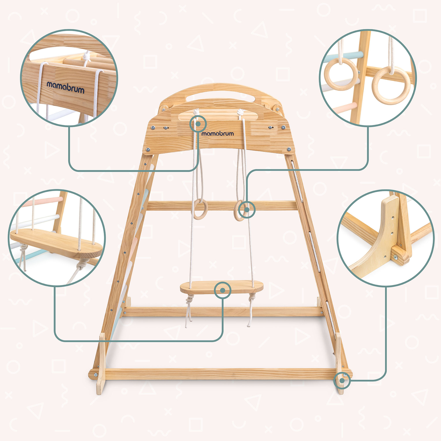 Loc de joacă interior din lemn cu leagăn, inele de gimnastică și plasă de cățărat