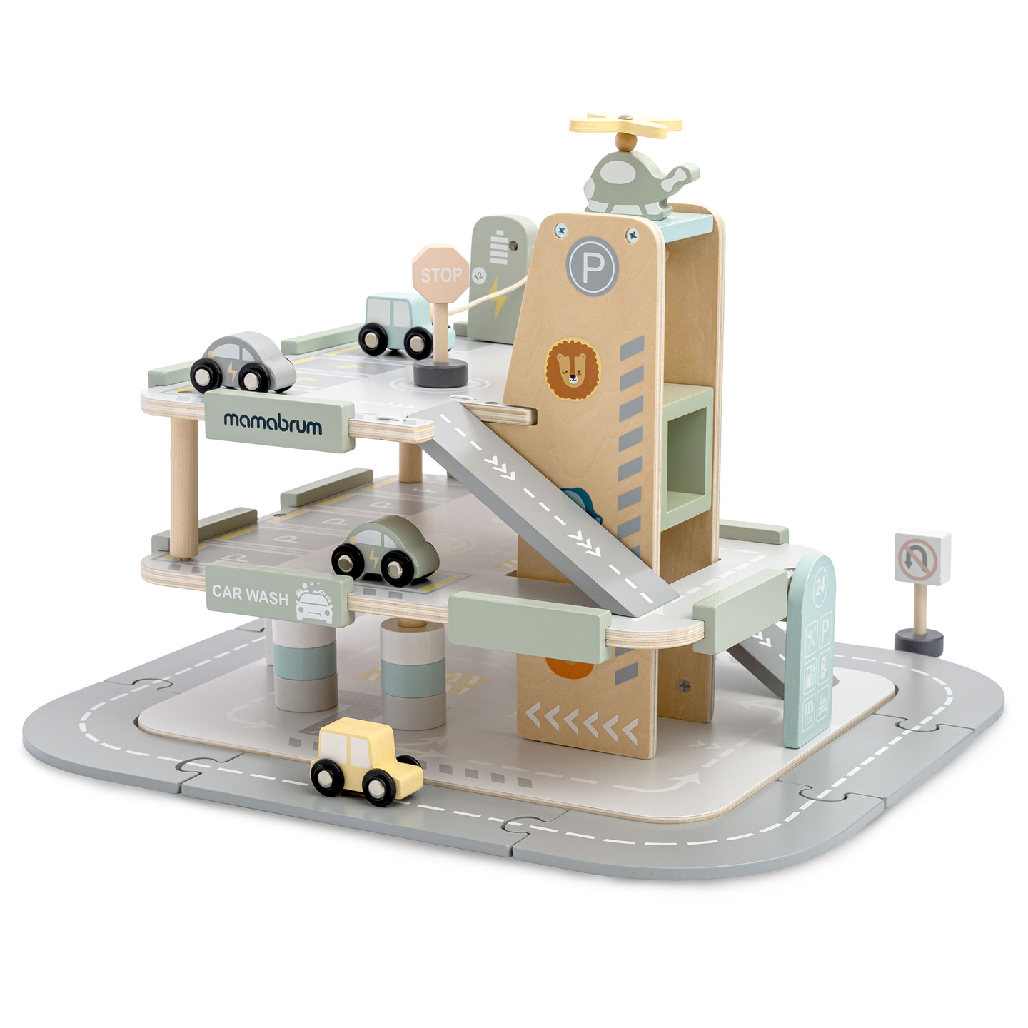 Garaj din lemn, cu trei etaje, pentru copii, cu accesorii - parcare, benzinărie, spălătorie auto, elicopter