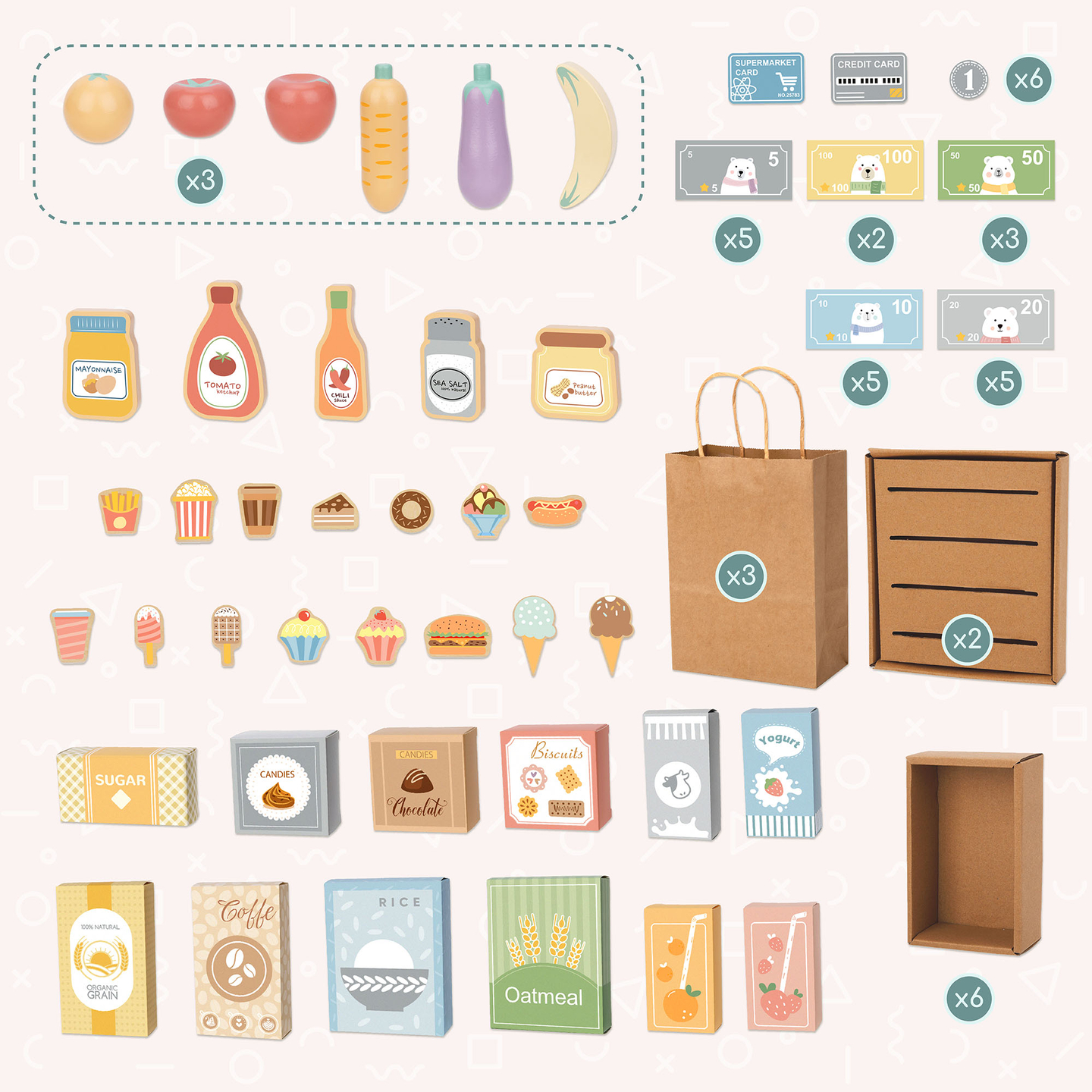 Magazin mare din lemn pentru copii cu tablă - 91 de piese pentru distracție la cumpărături!