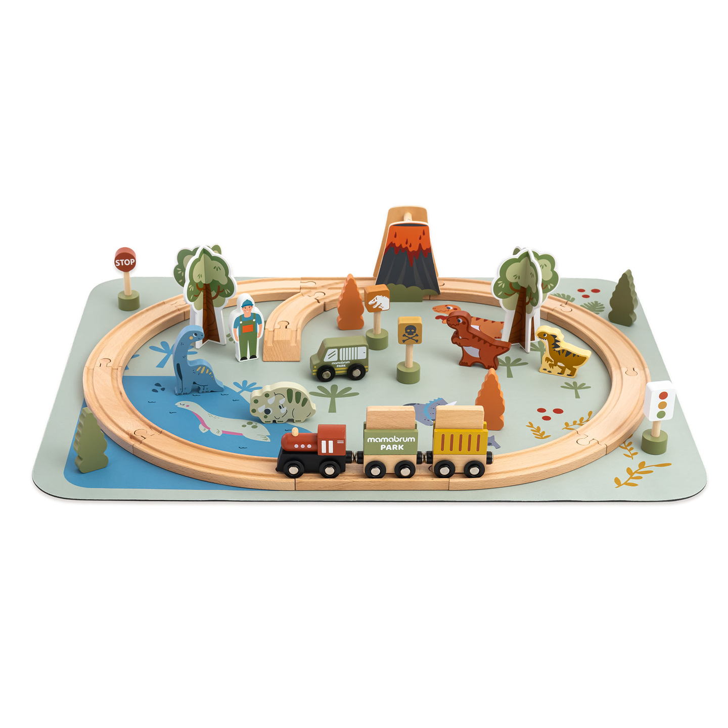 Trenuleț din lemn Dino Park cu covoraș antiderapant - dinozauri, tren, șine, vulcan, clopot