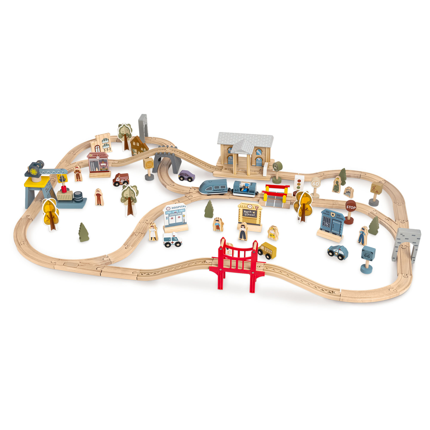 Cale ferată urbană din lemn cu tren electric - macara în mișcare, navă, poduri