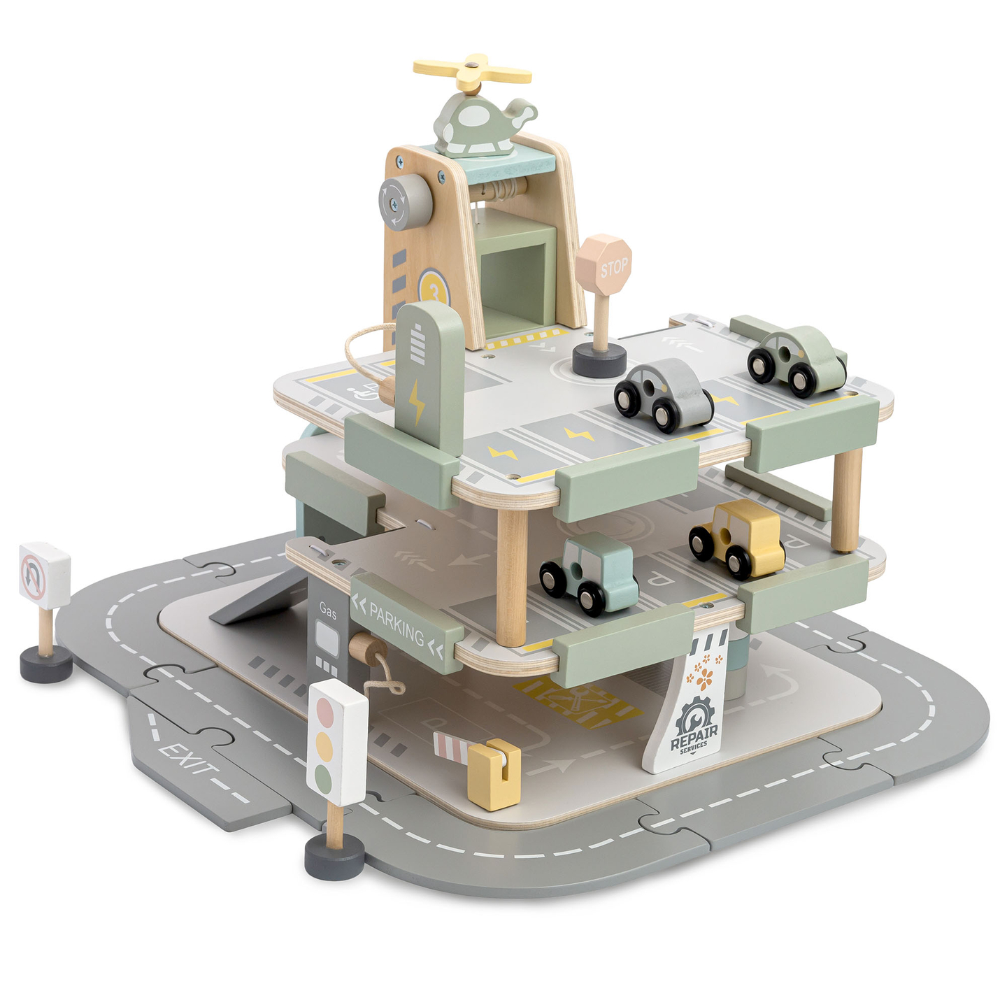 Garaj din lemn, cu trei etaje, pentru copii, cu accesorii - parcare, benzinărie, spălătorie auto, elicopter