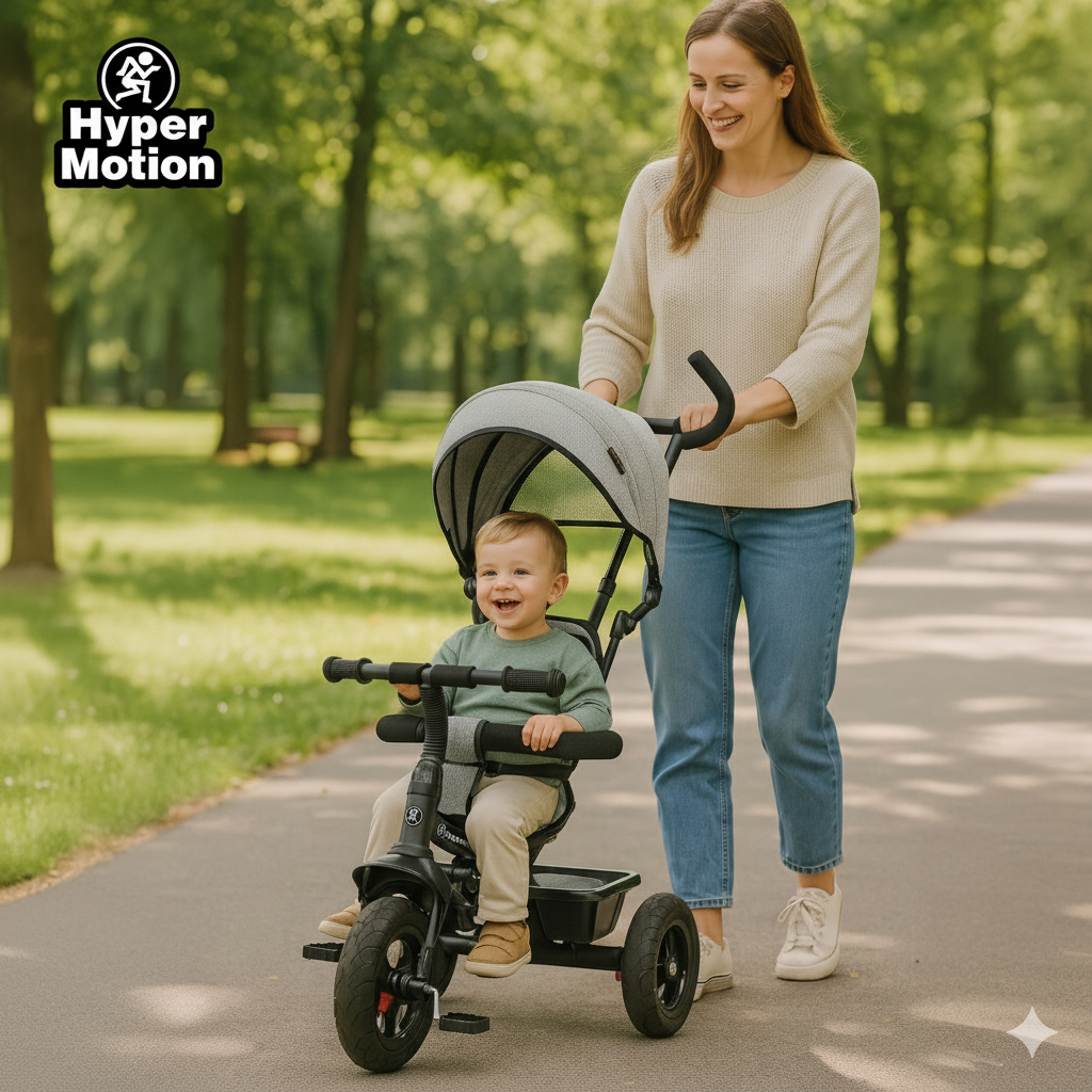 Tricicletă pentru copii 1-4 ani - TOBI FREY - culoare gri - roți pivotante - roți cu pompă + împingător