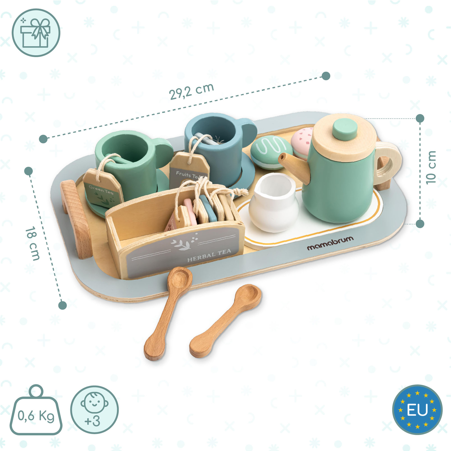Set mare de ceai din lemn cu tavă - 18 articole