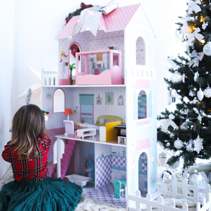 XXL Cea mai mare casă de păpuși din lemn - 123 cm - iluminată cu LED-uri - terasă, accesorii, grădină