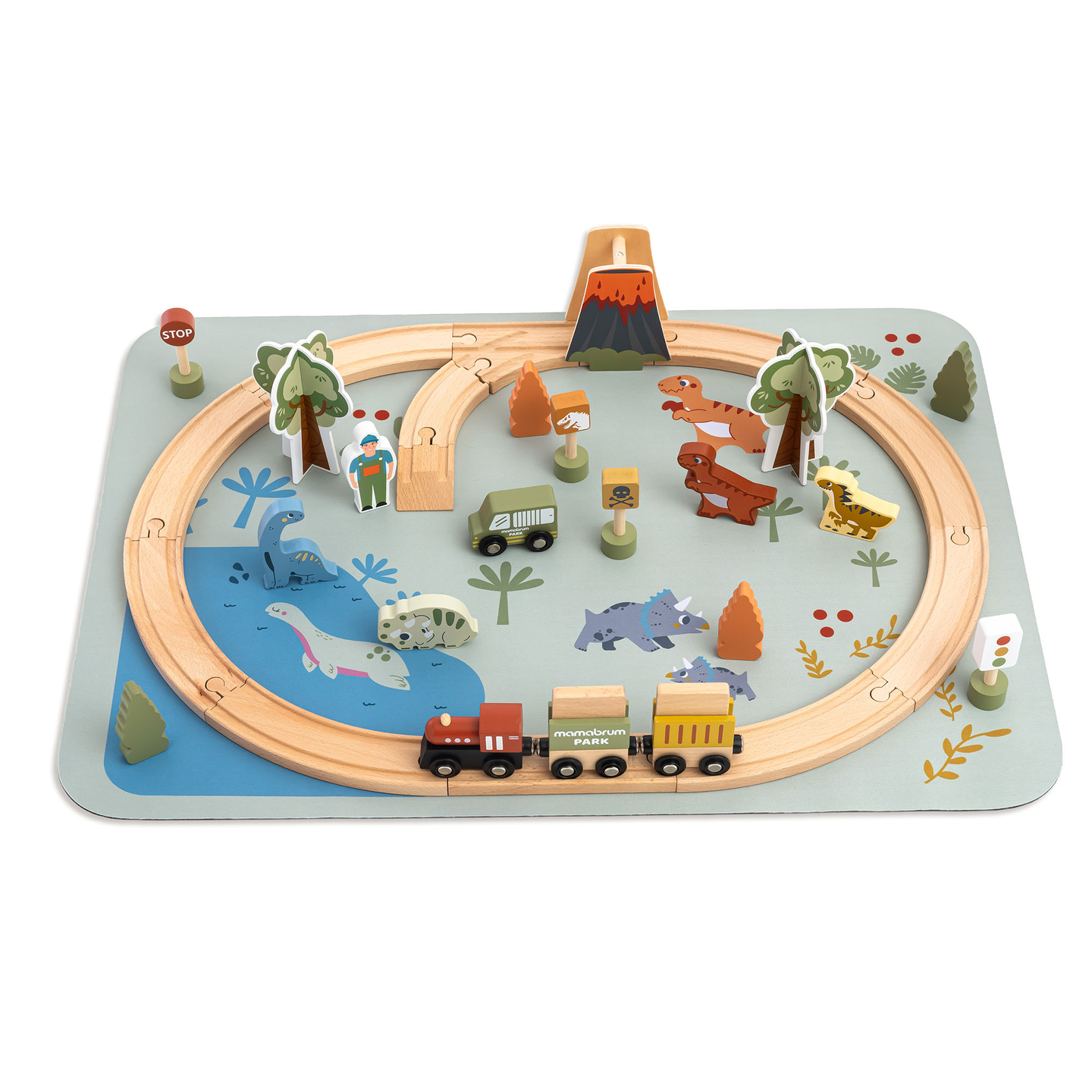 Trenuleț din lemn Dino Park cu covoraș antiderapant - dinozauri, tren, șine, vulcan, clopot