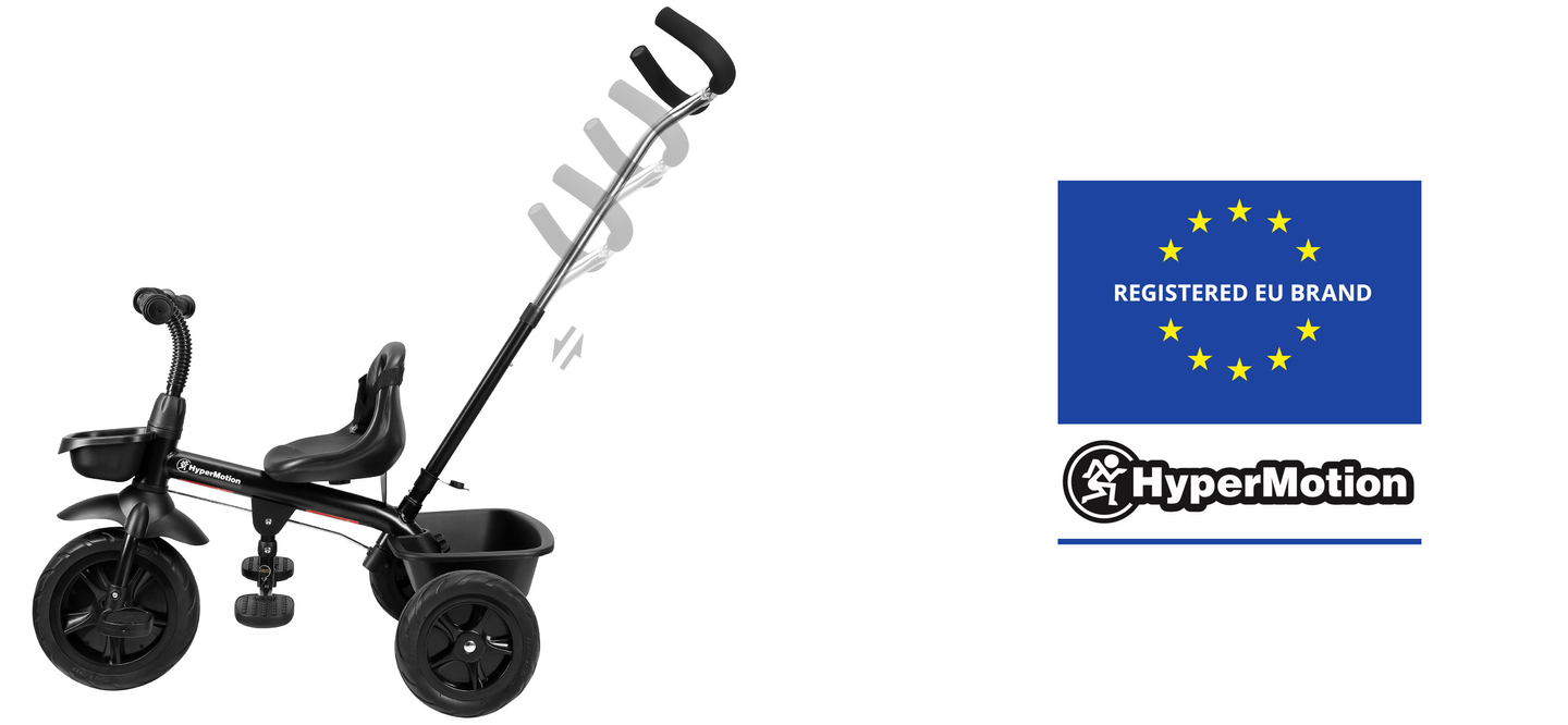 Tricicleta HyperMotion TOBI VECTOR - roți gonflabile veșnice + bară de împingere. Culoare: negru.