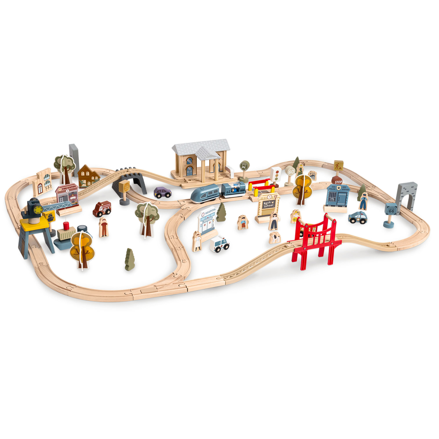 Cale ferată urbană din lemn cu tren electric - macara în mișcare, navă, poduri