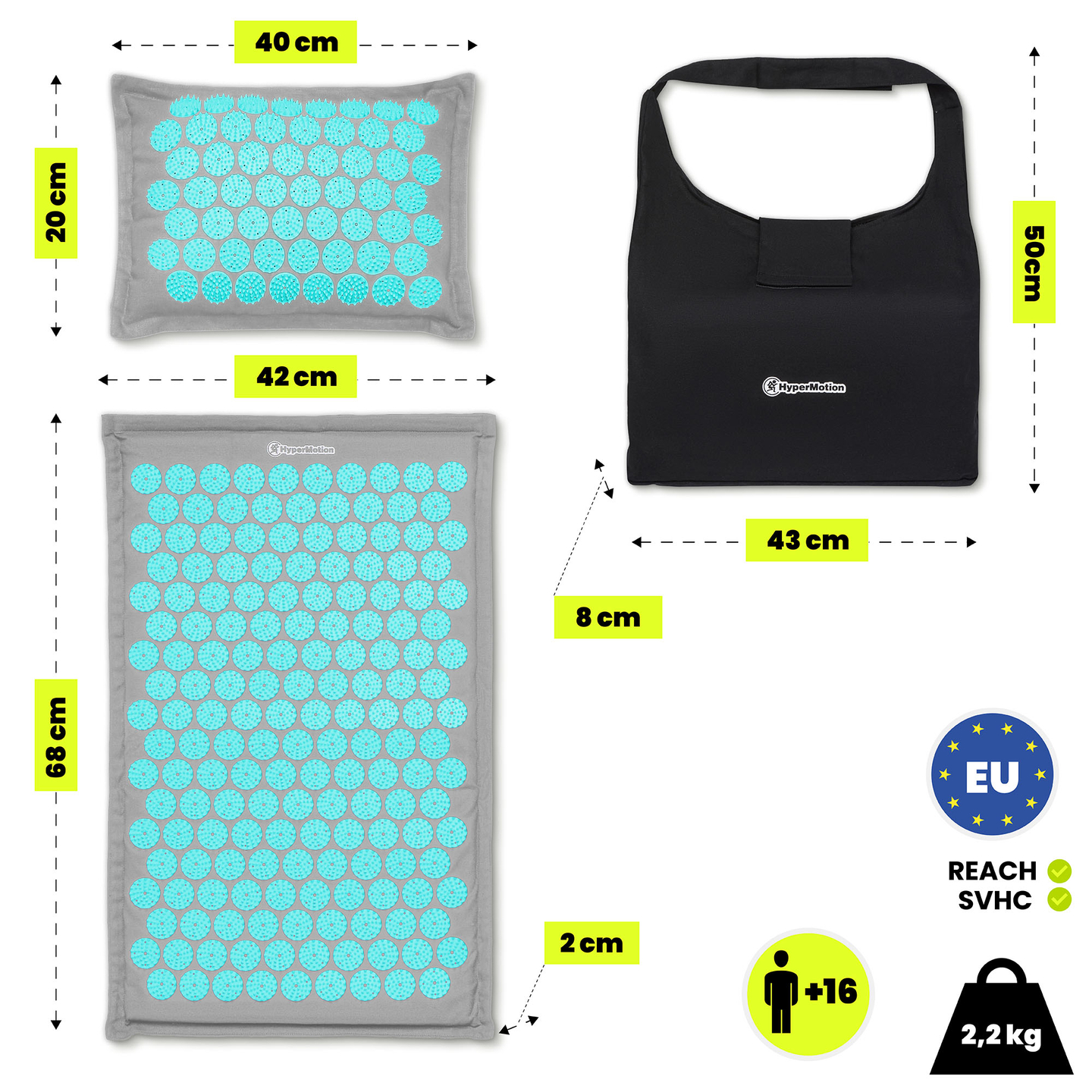 Saltea de presopunctură ECO din in cu fibră de cocos și pernă de hrișcă – 68 cm HyperMotion Gri-Mentă