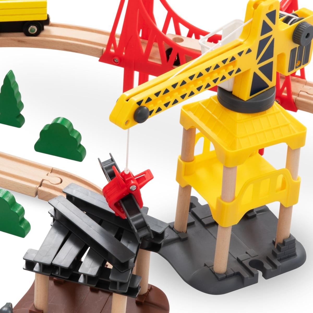 Cale ferată din lemn, tren cu baterii - Oraș: șine, vagoane, pod, aeroport