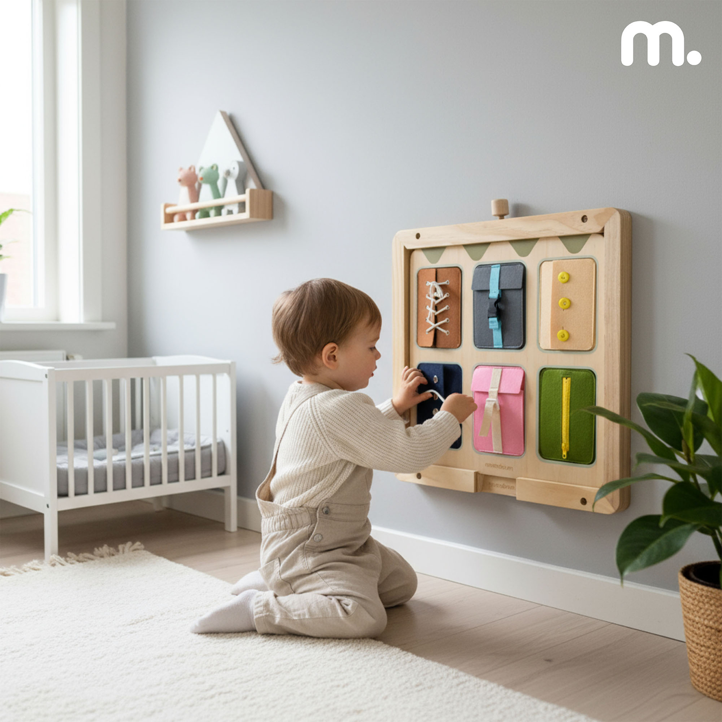 Tablă manipulativă Montessori din lemn – Învățarea senzorială a independenței - șireturi, catarame, nasturi, capse, fermoar