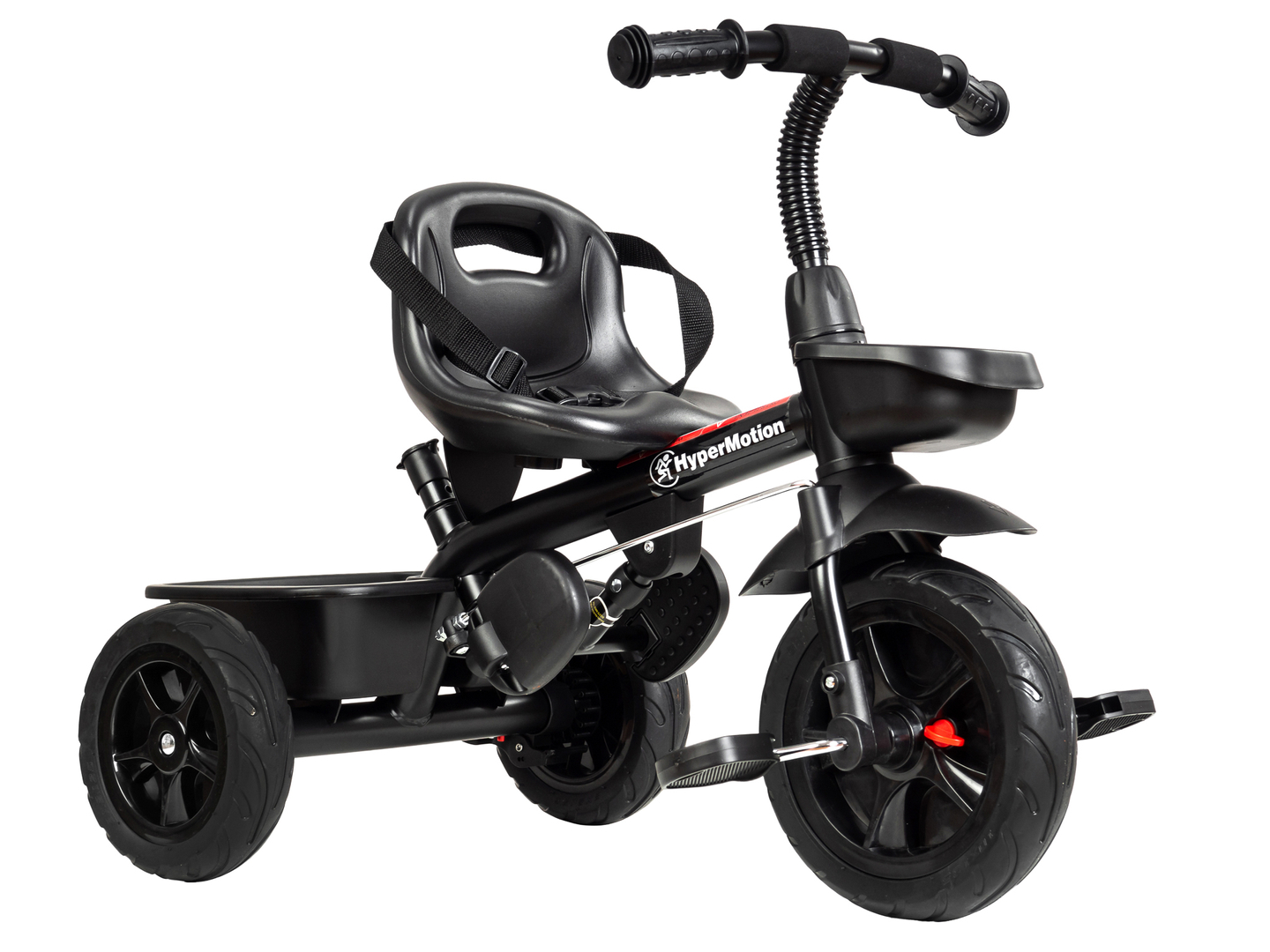 Tricicleta HyperMotion TOBI VECTOR - roți gonflabile veșnice + bară de împingere. Culoare: negru.