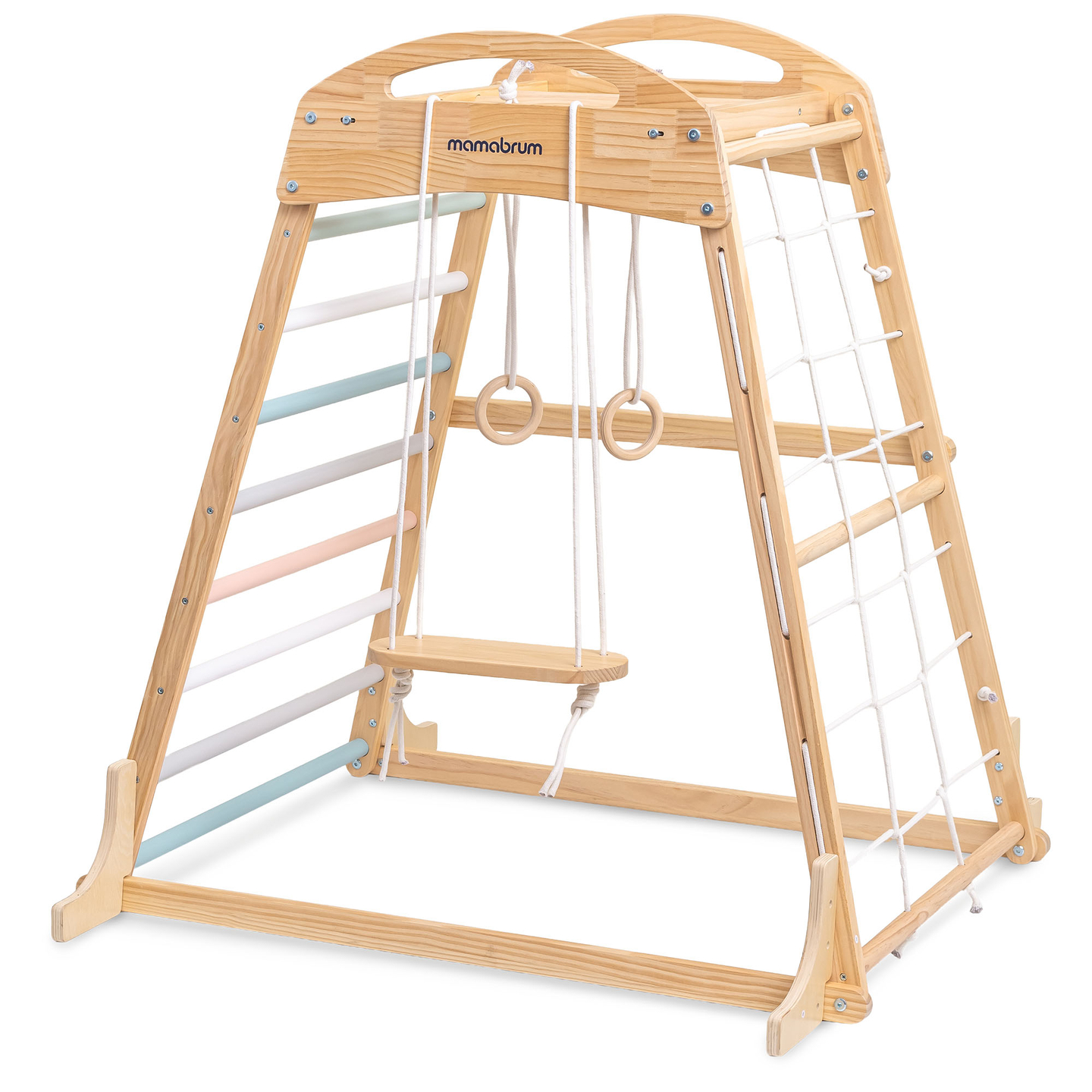 Loc de joacă interior din lemn cu leagăn, inele de gimnastică și plasă de cățărat