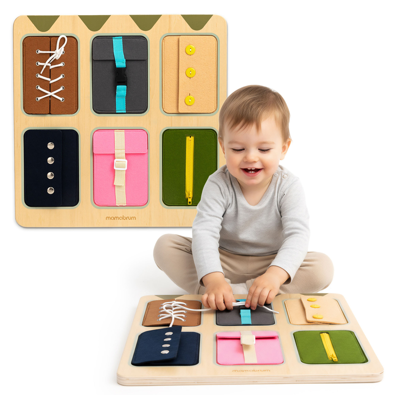 Tablă manipulativă Montessori din lemn – Învățarea senzorială a independenței - șireturi, catarame, nasturi, capse, fermoar