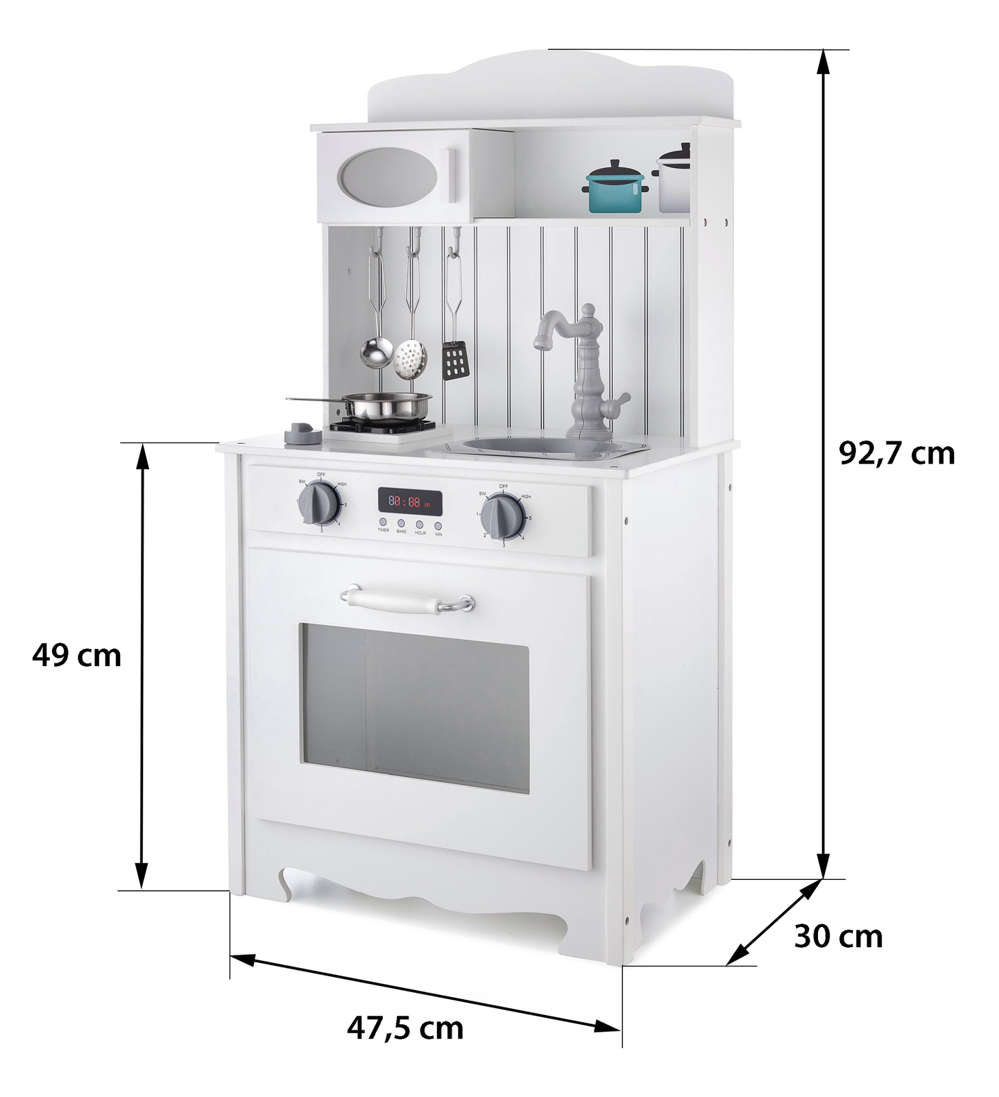 Bucătărie albă din lemn cu șorț, accesorii și lampă LED