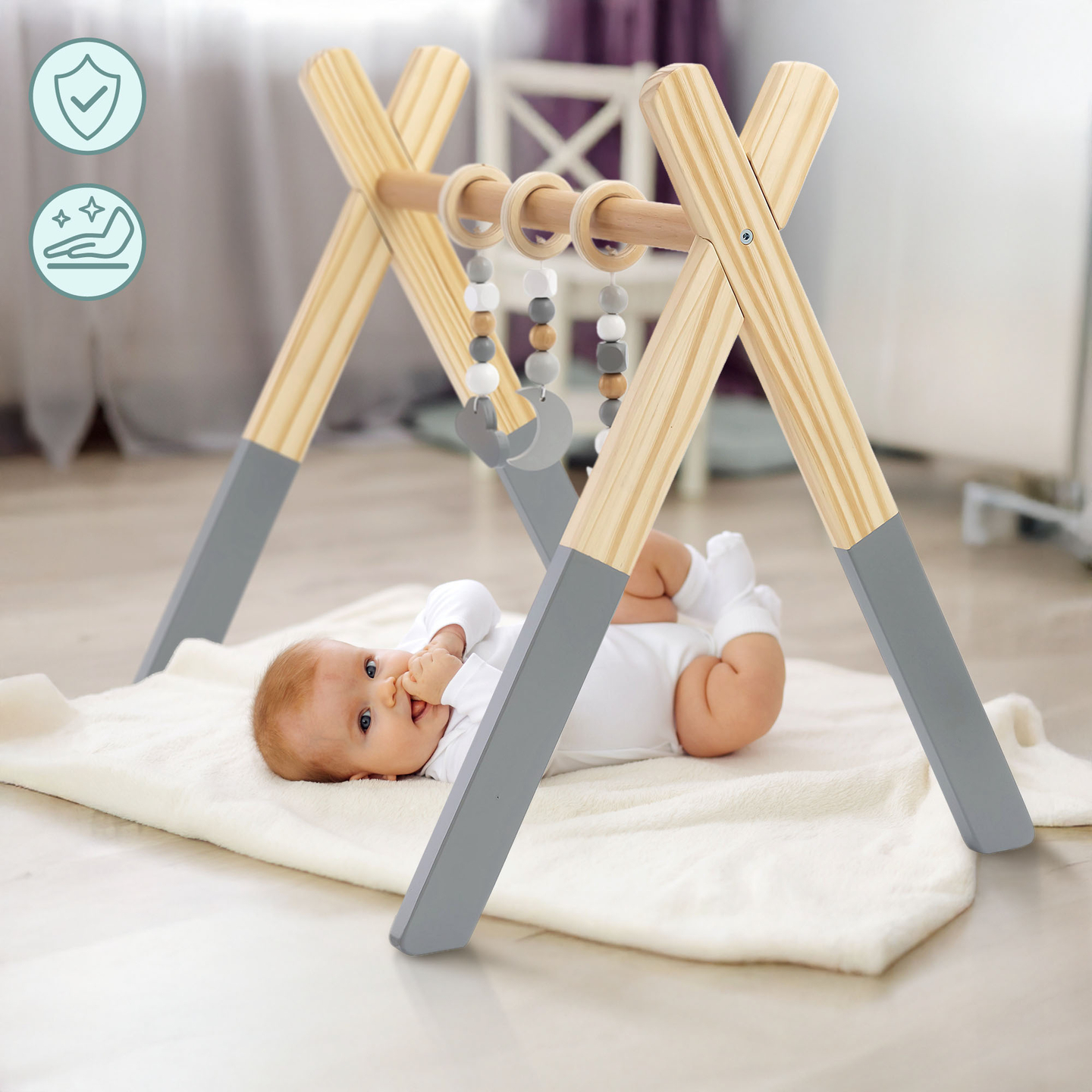 Suport de educație din lemn Baby Gym - culoare gri