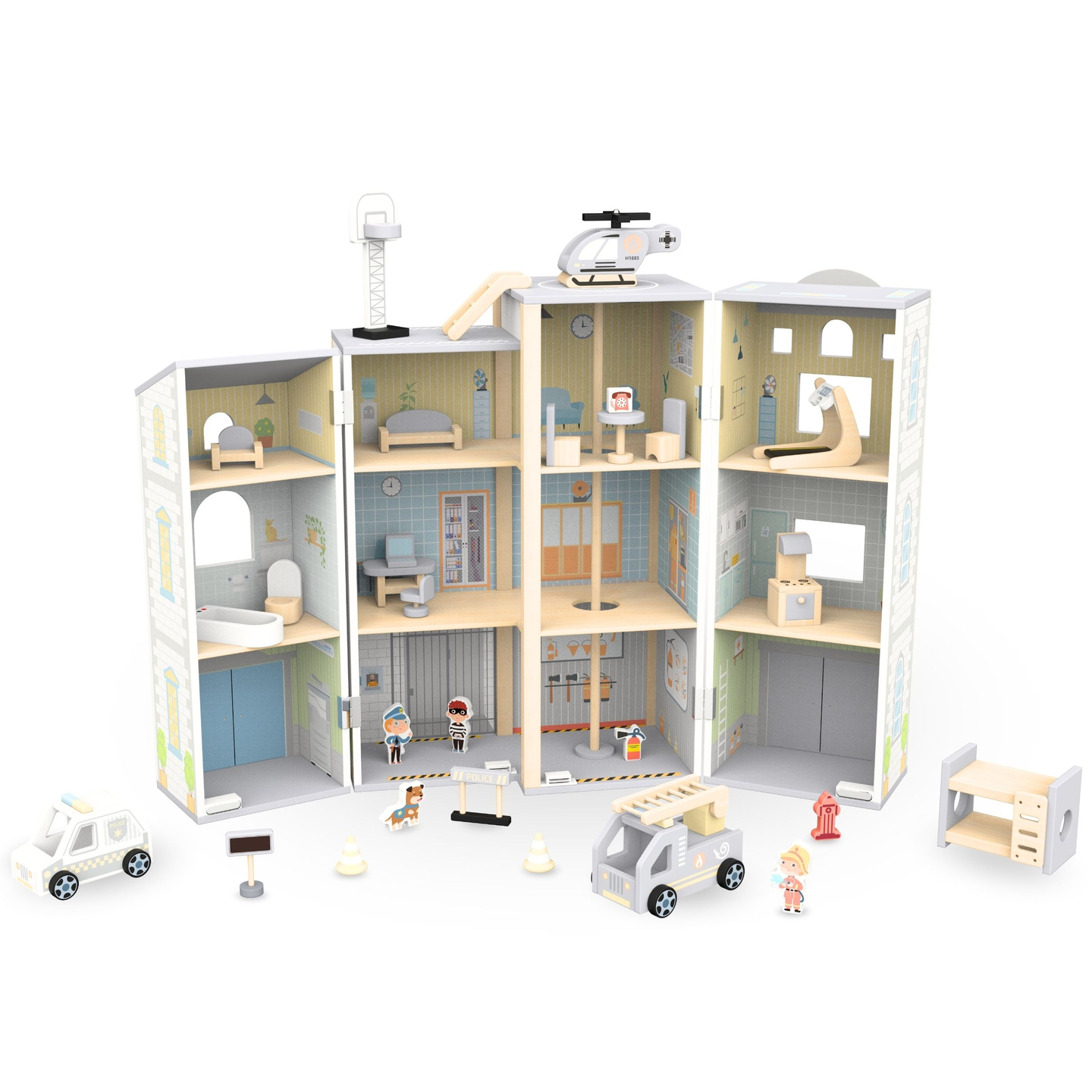 Stație mare de pompieri pliabilă cu stație de poliție - set din lemn. Stație de pompieri și stație de poliție cu accesorii.