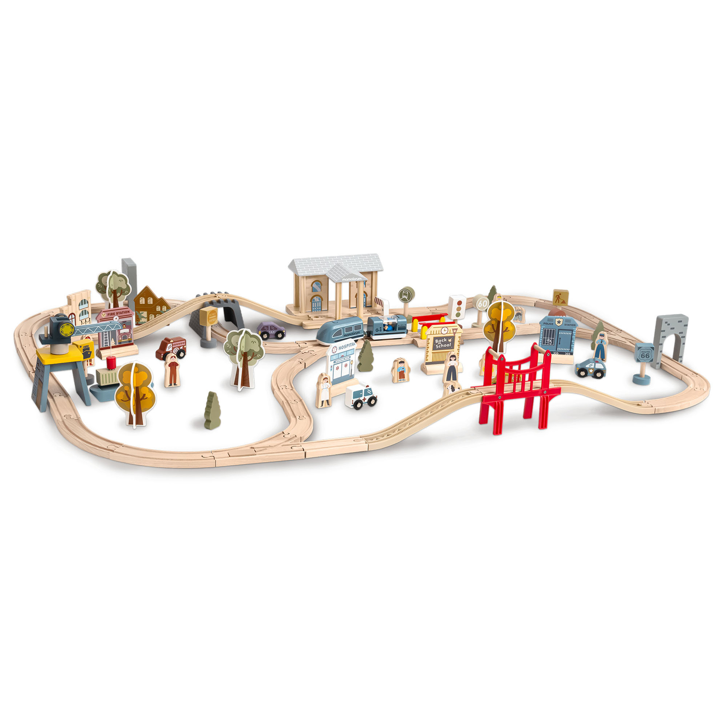 Cale ferată urbană din lemn cu tren electric - macara în mișcare, navă, poduri