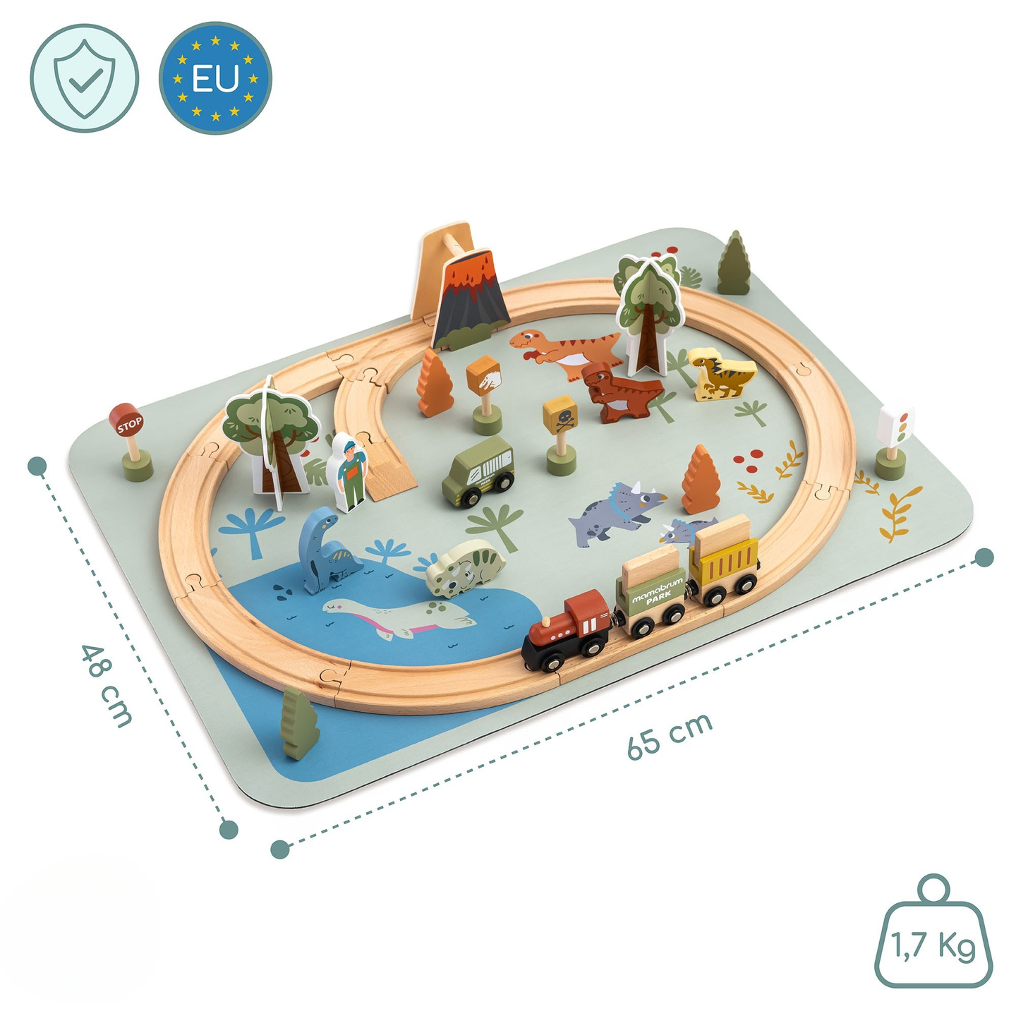 Trenuleț din lemn Dino Park cu covoraș antiderapant - dinozauri, tren, șine, vulcan, clopot