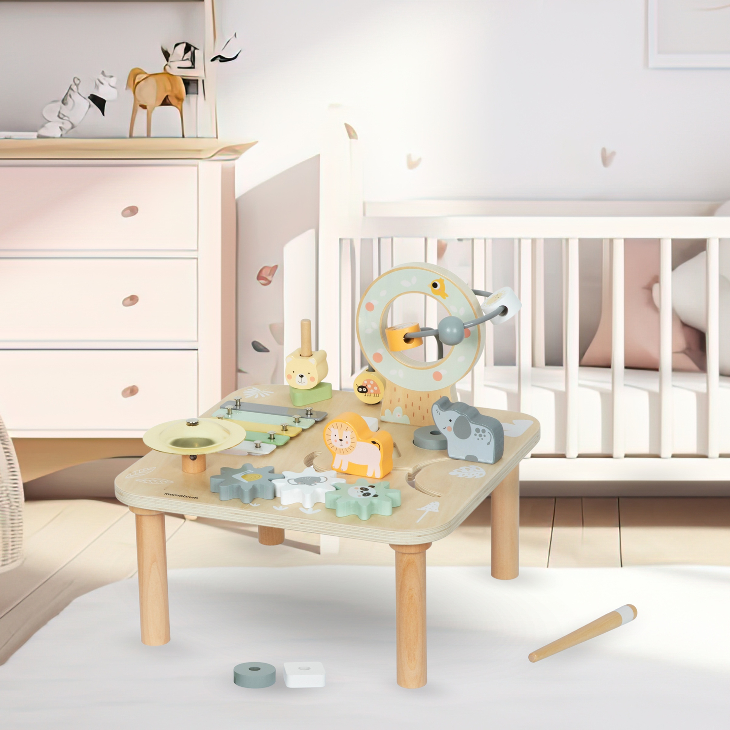 Masa muzicala educativa 7 in 1 din lemn cu chimvale si gong - jungla salbatica