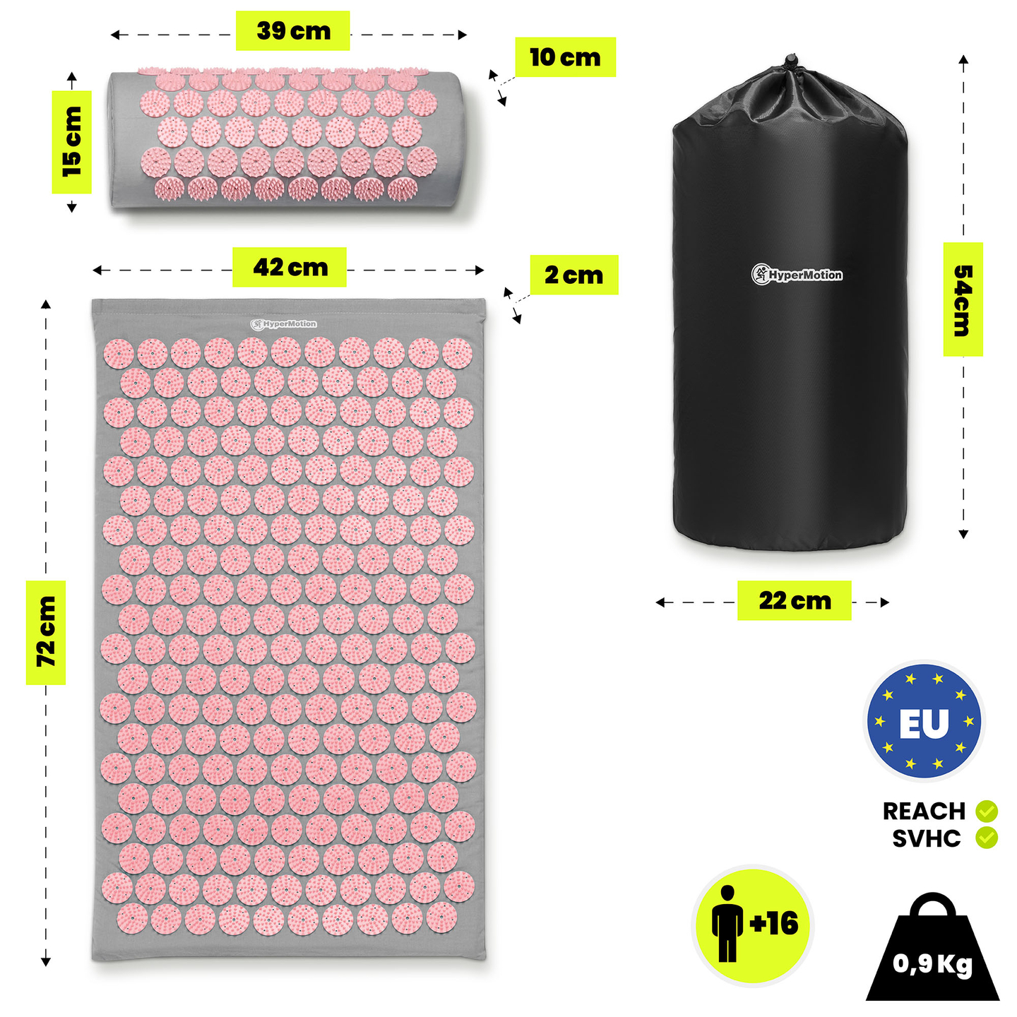 Saltea de presopunctură cu pernă și husă - 72 cm HyperMotion gri și roz
