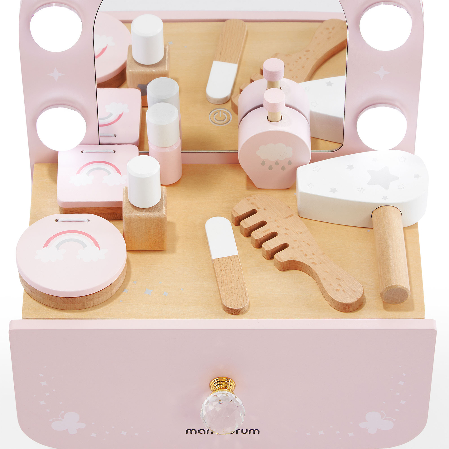 Masă de toaletă mini din lemn pentru copii cu accesorii și iluminare LED cu reglare lină a luminozității
