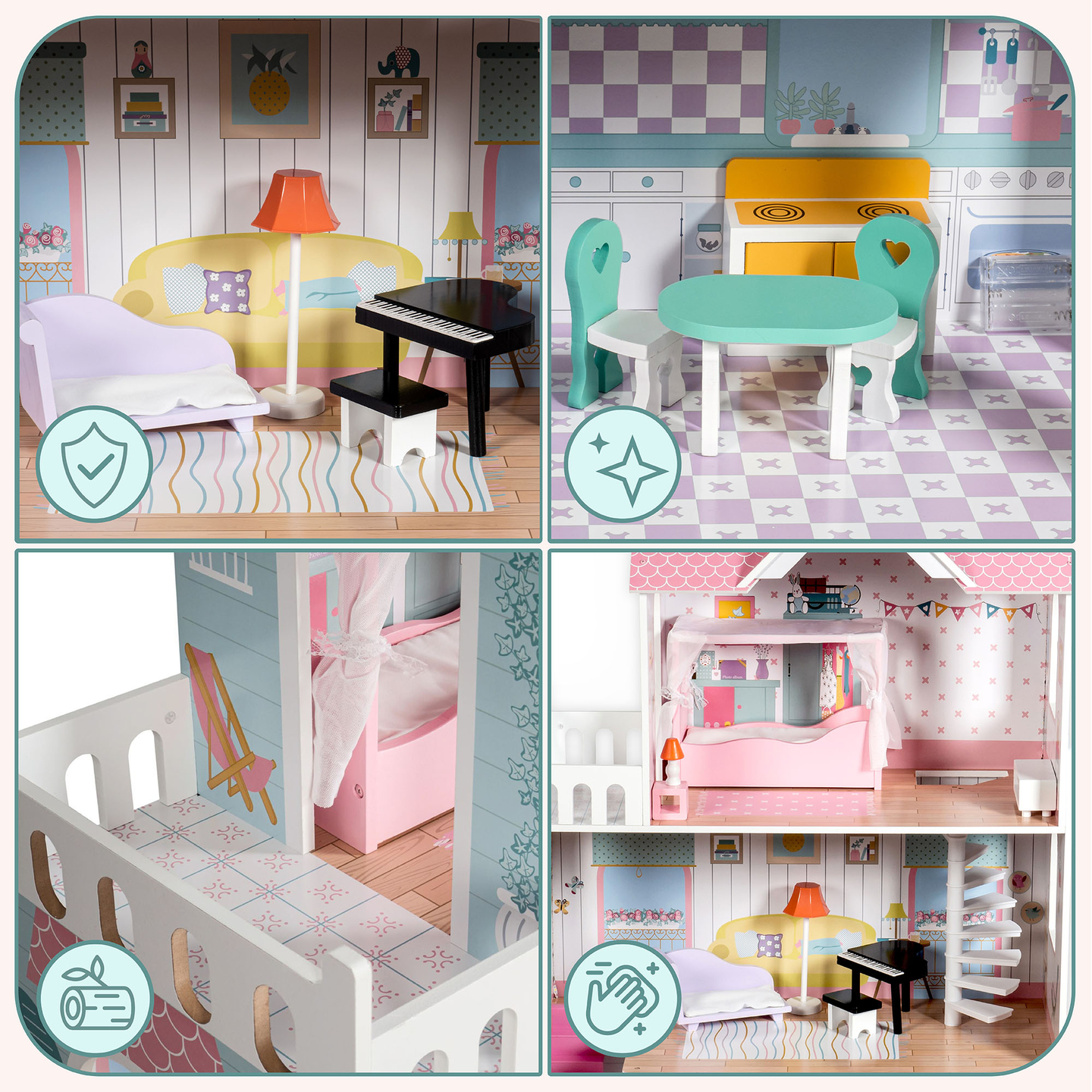 XXL Cea mai mare casă de păpuși din lemn - 123 cm - iluminată cu LED-uri - terasă, accesorii, grădină