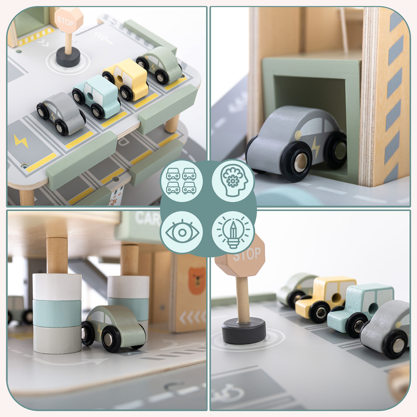 Garaj din lemn, cu trei etaje, pentru copii, cu accesorii - parcare, benzinărie, spălătorie auto, elicopter