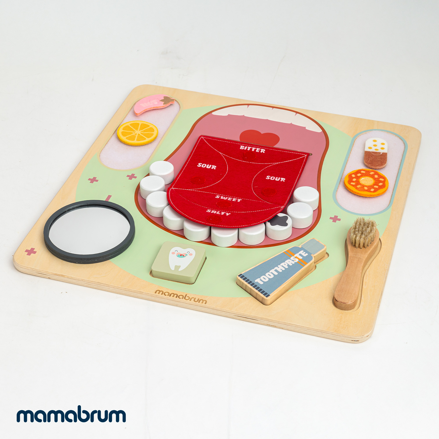 Tablă educațională Montessori din lemn pentru micul dentist - periuță de dinți, pastă de dinți, dinți detașabili, oglindă, mâncare, arome didactice