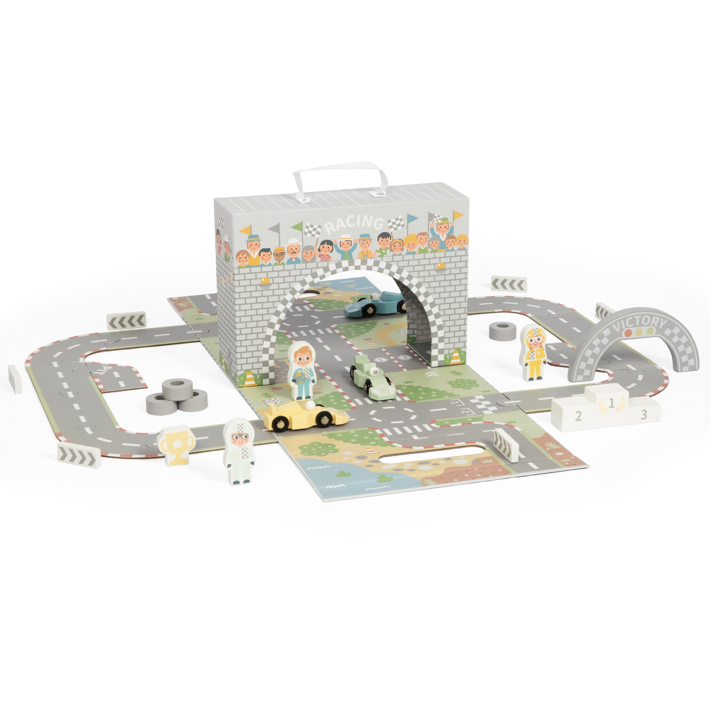 Valisa magnetica cu pista de curse, vehicule din lemn si accesorii rutiere