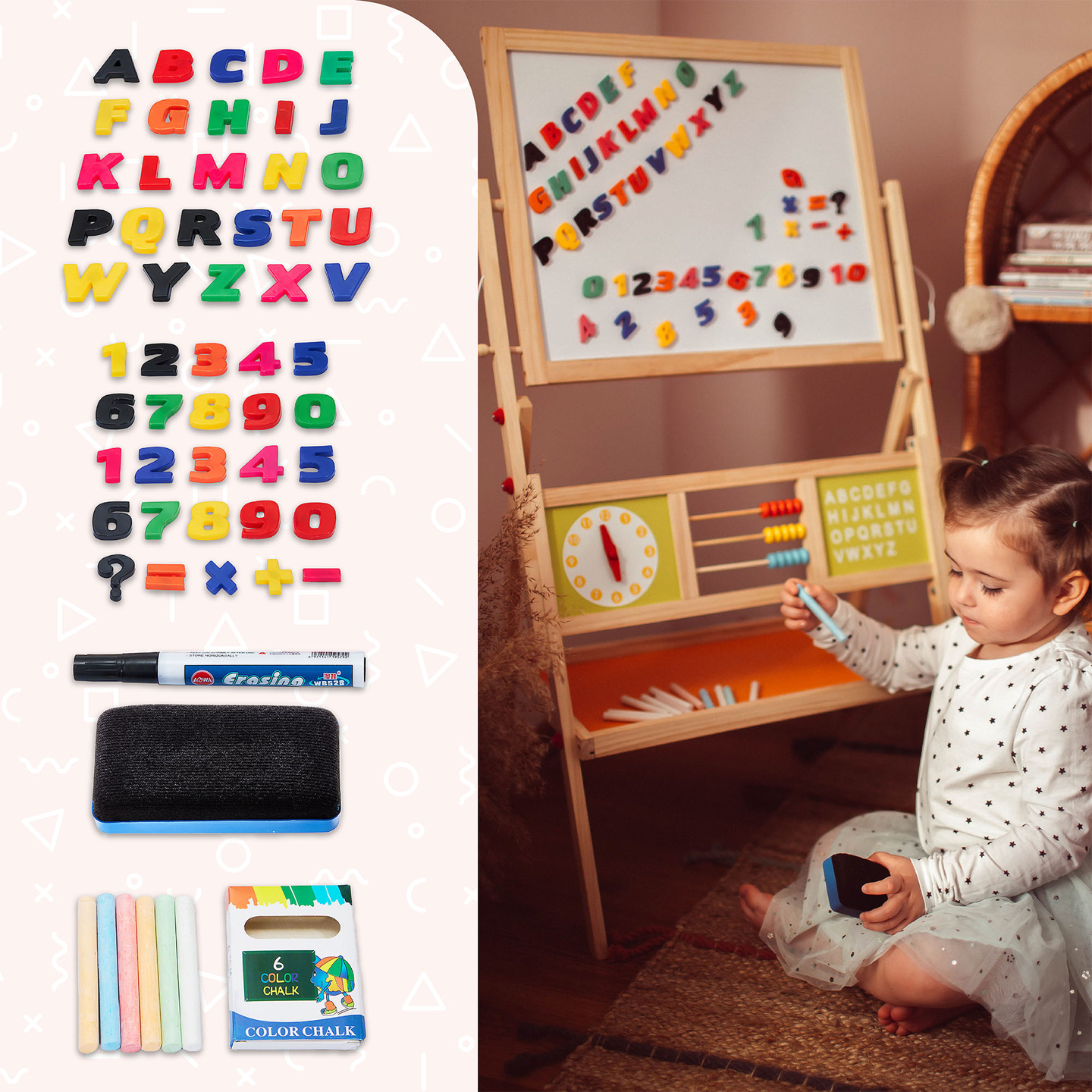 Tablă educațională mare cu două fețe: magnetică și tablă cu cretă - tablă cu ștergere uscată, din lemn