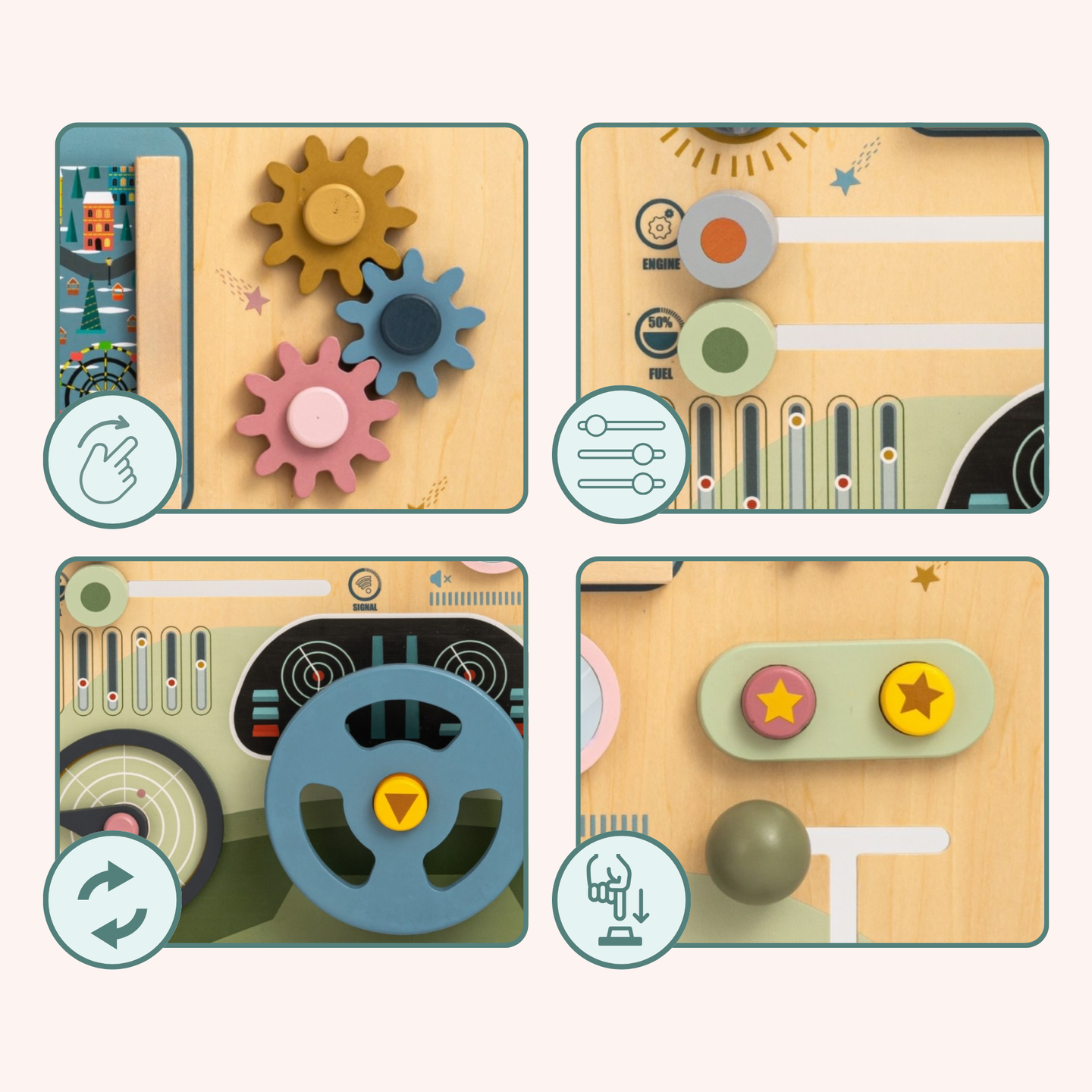 Tablă Montessori din lemn, cabină de pilotaj 2 în 1 pentru micul șofer și pilot – volan, schimbător de viteze, hărți de călătorie, radar