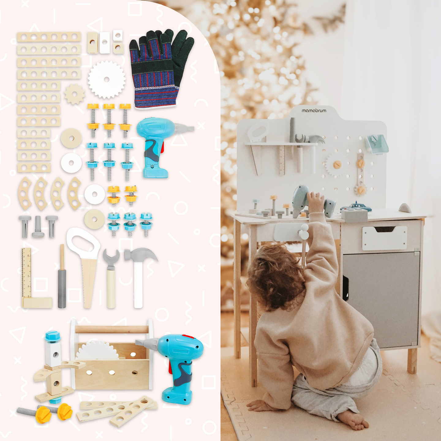 XXL Atelier mare din lemn cu unelte - set de bricolaj, 74 de elemente