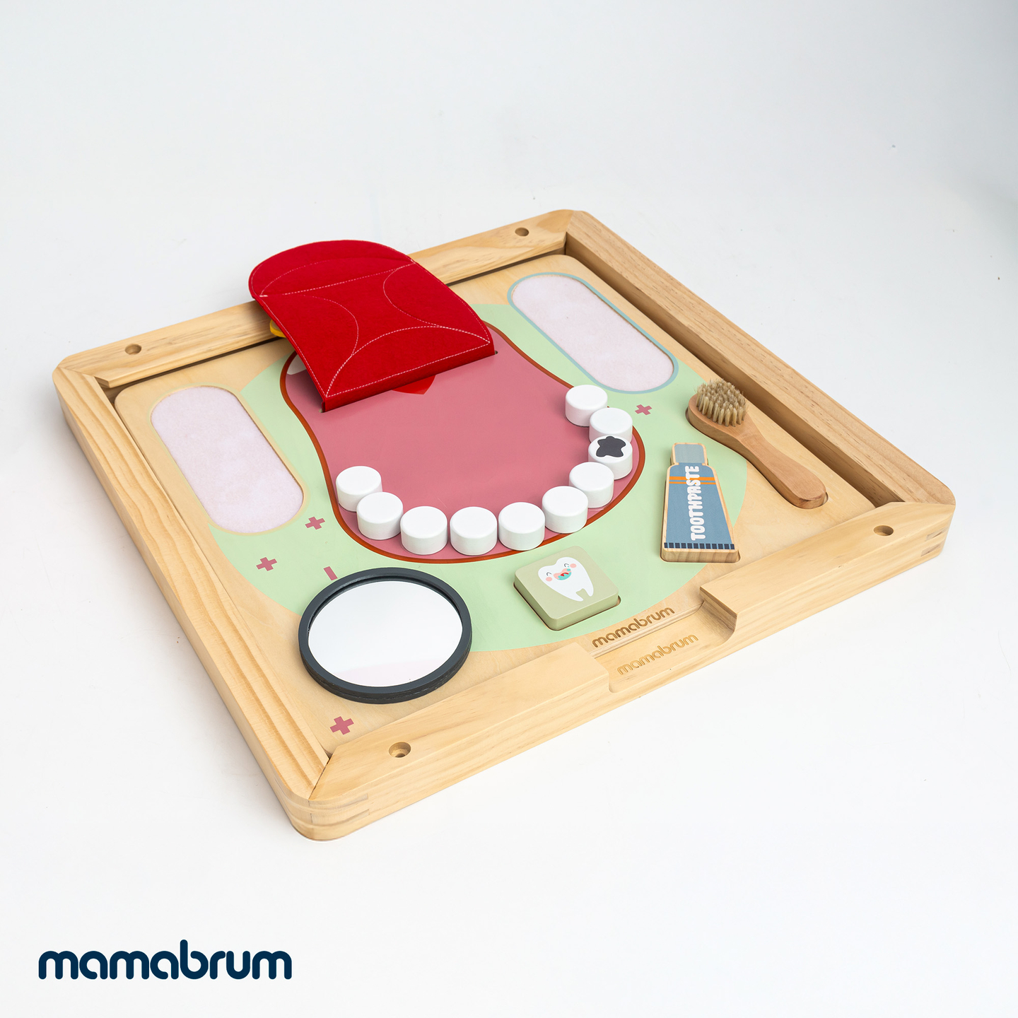 Tablă educațională Montessori din lemn pentru micul dentist - periuță de dinți, pastă de dinți, dinți detașabili, oglindă, mâncare, arome didactice