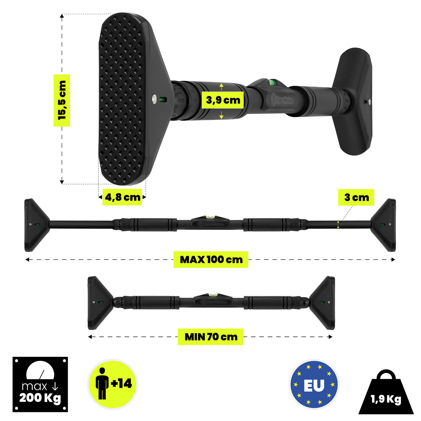 Bară de tracțiuni reglabilă HyperMotion 70–100 cm, 200 kg, Neagră