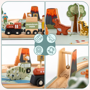 Trenuleț din lemn Dino Park cu covoraș antiderapant - dinozauri, tren, șine, vulcan, clopot