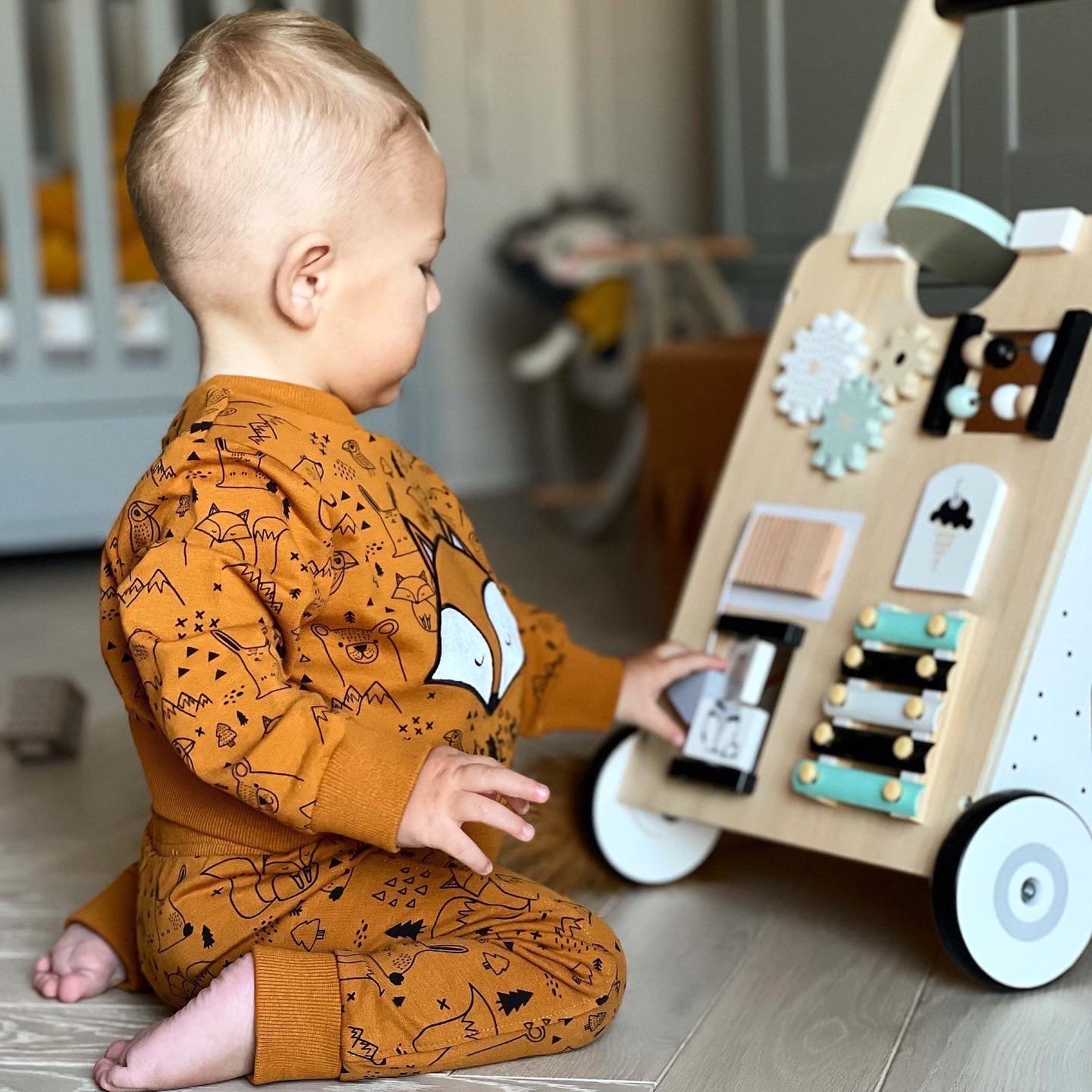 Plimbător / cărucior pentru copii din lemn, educațional - planșă de manipulare