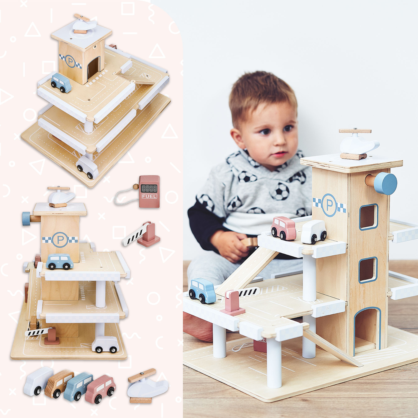 Parcare din lemn pe trei etaje cu lift - garaj cu mașini și elicopter