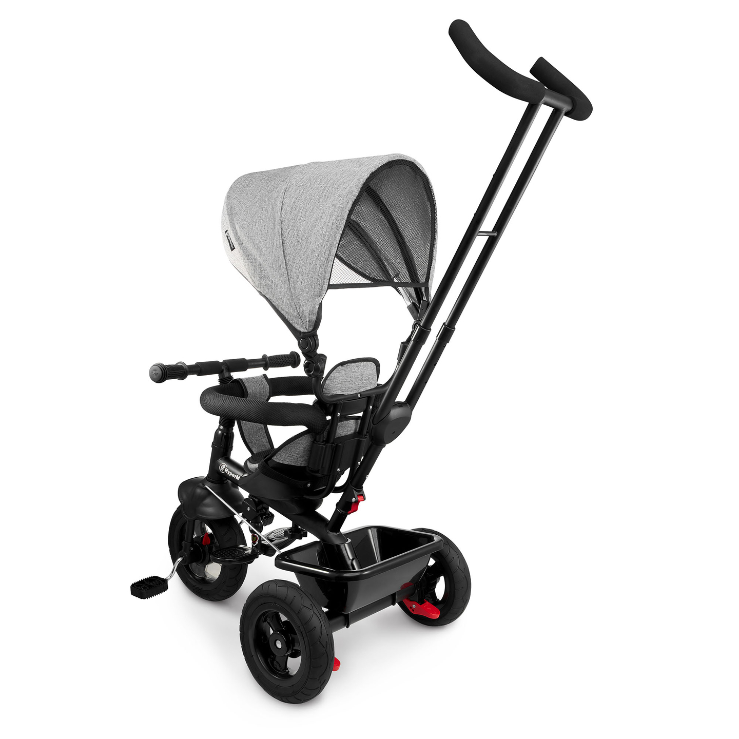 Tricicletă pentru copii 1-4 ani - TOBI FREY - culoare gri - roți pivotante - roți cu pompă + împingător