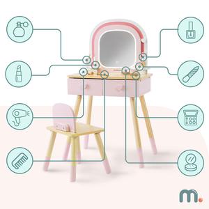 Masă de toaletă din lemn pentru copii cu iluminare LED cu reglare lină a luminozității, scaun și accesorii