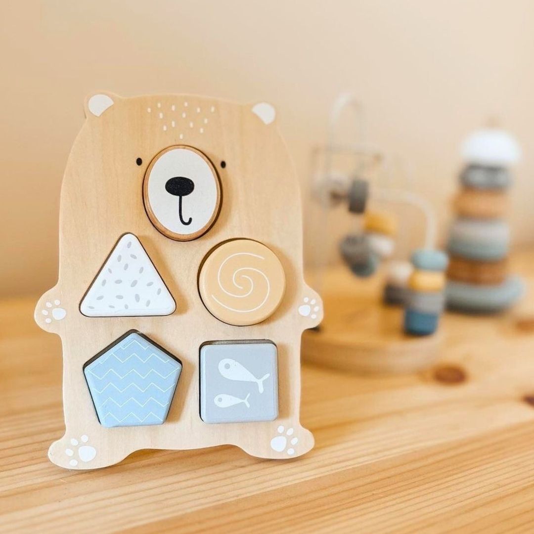 Set de jucării din lemn - împletitură colorată, piramidă de sigiliu, sortator de ursuleți de pluș