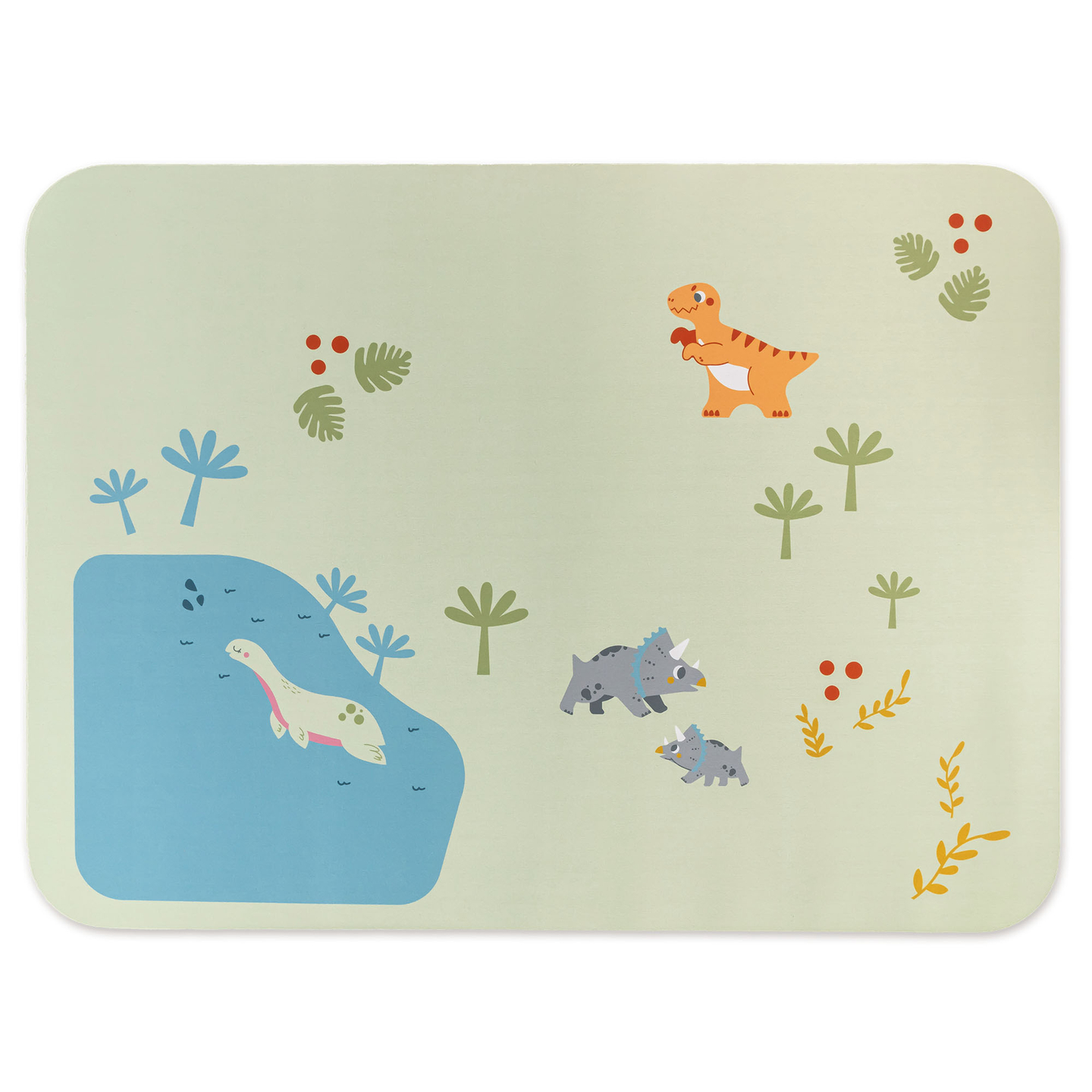 Trenuleț din lemn Dino Park cu covoraș antiderapant - dinozauri, tren, șine, vulcan, clopot