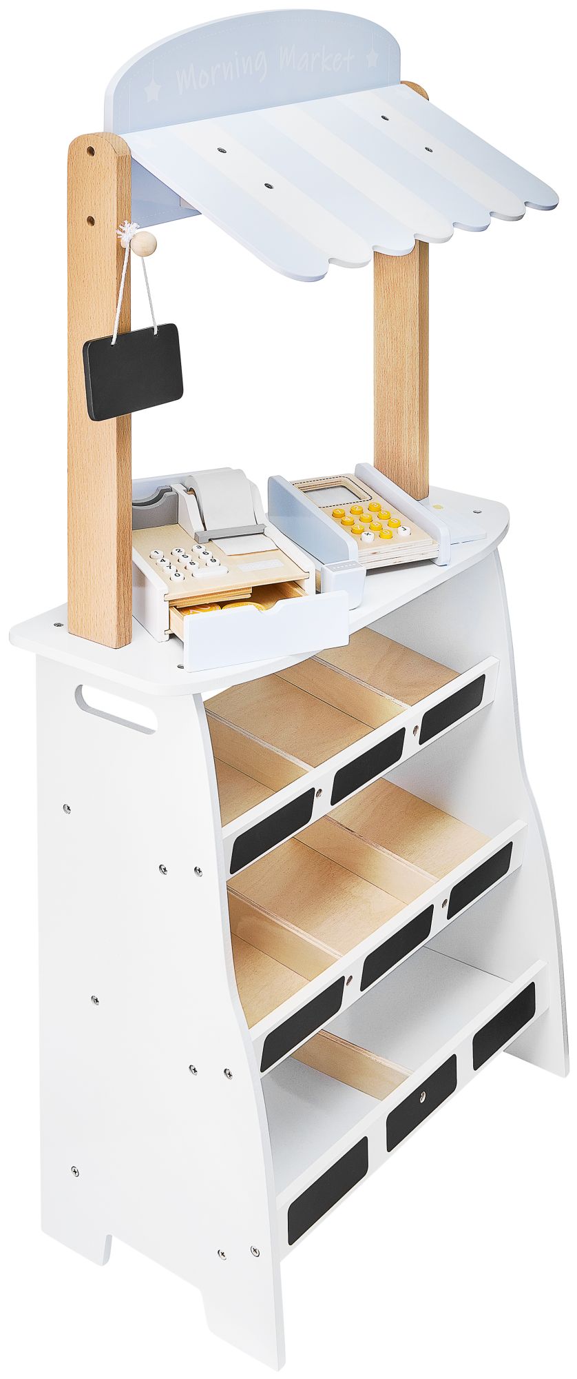 Magazin de legume - tarabă din lemn cu lăzi, casă de marcat și terminal